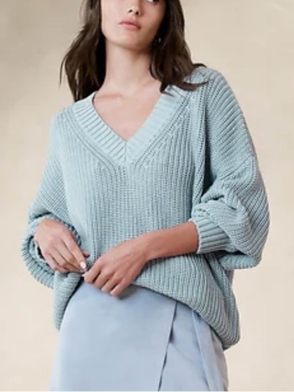 Banana Republic Janie Oversized Cotton Chunky Knit Sweater,V Neck,Light Blue, S